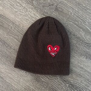 Keith Haring Brown Ribbed Beanie Heart Standard One Size Streetwear Casual Art
